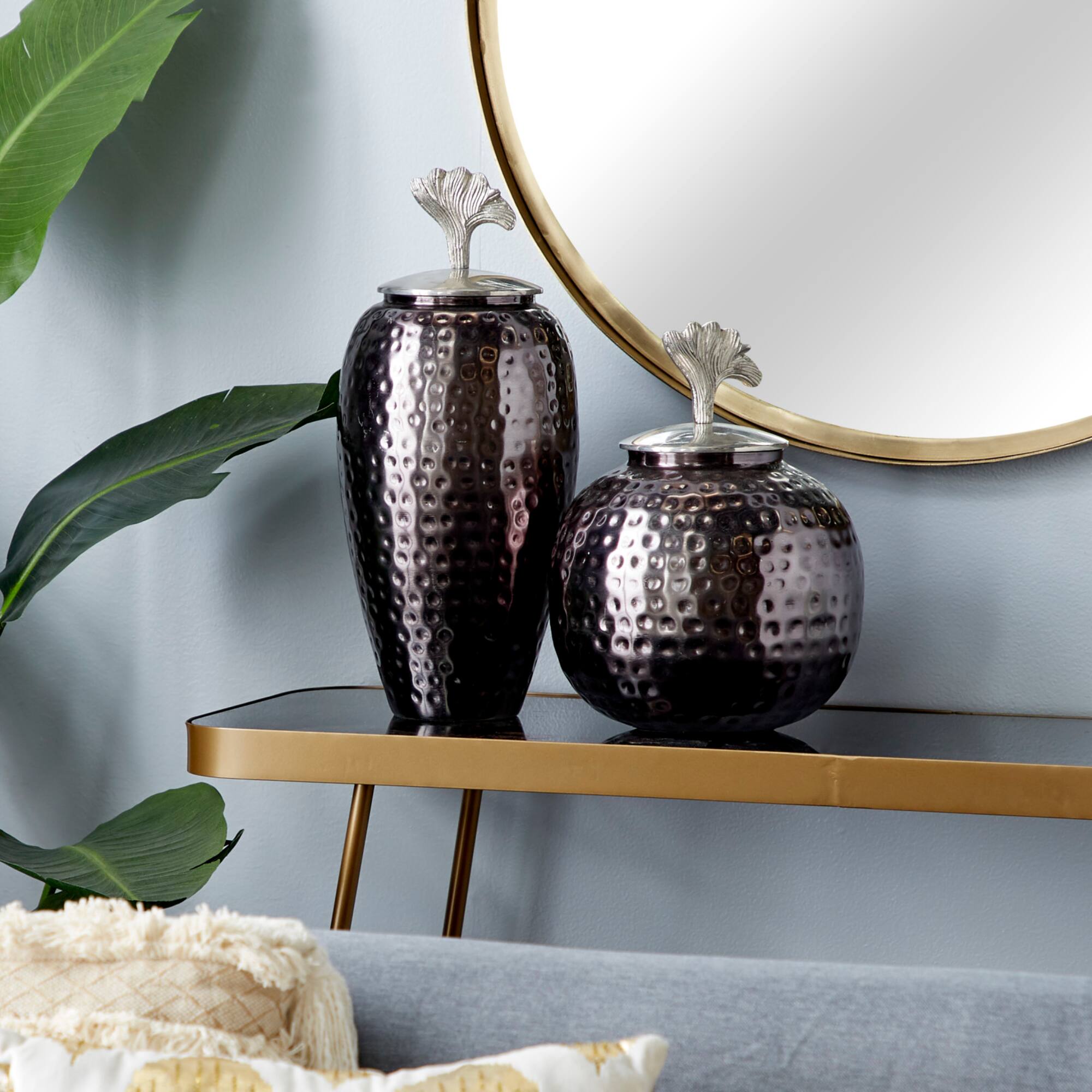 Metal Modern Round Decorative Jar Set with Silver Handles